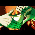  1boy blunt_bangs copyright_name eduroku finger_frame fingernails gakuran green_eyes green_theme heterochromia highres kageyama_shigeo letterboxed limited_palette long_sleeves looking_at_viewer male_focus mob_psycho_100 orange_eyes orange_hair orange_theme outstretched_arms portrait pov_finger_frame school_uniform short_hair solo 