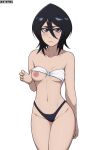  1girl absurdres bikini bikini_top_lift black_hair bleach blue_eyes blush breasts closed_mouth clothes_lift collarbone highres kuchiki_rukia lifted_by_self looking_at_viewer medium_breasts mistowing navel nipples one_breast_out short_hair simple_background solo standing swimsuit white_background 