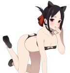  1girl all_fours animal_ears ass_cutout black_bra black_choker black_hair black_panties bra breasts butt_crack cat_ears choker cleavage clenched_hand clothing_cutout collarbone coro_fae folded_ponytail highres kaguya-sama_wa_kokurasetai_~tensai-tachi_no_renai_zunousen~ looking_at_viewer panties red_eyes shinomiya_kaguya simple_background small_breasts solo underwear underwear_only white_background 