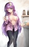  1girl ;o black_pantyhose breasts cleavage coffee_mug crescent crescent_hair_ornament crescent_pin cup hair_ornament highres large_breasts long_hair morning mug namiki_(remiter00) no_bra one_eye_closed open_clothes open_shirt pantyhose patchouli_knowledge purple_eyes purple_hair shirt sleepy solo striped striped_shirt touhou underwear vertical-striped_shirt vertical_stripes waking_up 