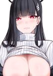  1girl areola_slip black_hair blue_archive blunt_bangs blush breasts cleavage cliov clothes_lift halo highres large_breasts looking_at_viewer out-of-frame_censoring red_eyes ribbed_sweater rio_(blue_archive) simple_background solo sweatdrop sweater sweater_lift turtleneck turtleneck_sweater white_background white_sweater 