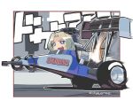  1girl artist_name blonde_hair blue_eyes border bright_pupils car chibi dated driving engine fang fire girls_und_panzer kay_(girls_und_panzer) long_hair motion_blur motor_vehicle national_hot_rod_association open_mouth outside_border race_vehicle racecar shadow silenxe smile spoiler_(automobile) vehicle_focus white_border white_pupils 