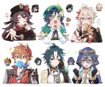  +_+ ... 2girls 4boys armor bandaged_hand bandages bead_necklace beads beer_mug blue_hair blue_hood braid brown_hair cape clenched_hands cup eating flower food genshin_impact genshin_impact_sticker_redraw_(meme) gloves gradient_hair green_headwear grey_hair hair_between_eyes hat heart highres holding holding_food hood hood_up hu_tao_(genshin_impact) jacket japanese_armor japanese_clothes jewelry kaedehara_kazuha layla_(genshin_impact) long_sleeves mask mask_on_head meme mouth_hold mug multicolored_hair multiple_boys multiple_girls multiple_rings necklace one_eye_closed open_mouth orange_eyes orange_hair pointy_ears red_eyes red_hair red_mask red_scarf reference_inset ring scarf simple_background spoken_ellipsis sweat taiyaki tartaglia_(genshin_impact) tassel tokonatts venti_(genshin_impact) wagashi white_background xiao_(genshin_impact) 