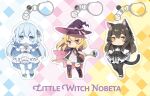  3girls animal_ears artist_request black_hair blonde_hair blue_eyes blue_hair chibi closed_mouth commentary copyright_name english_commentary english_text gloves highres keychain kuroneko_(little_witch_nobeta) little_witch_nobeta logo long_hair looking_at_viewer multiple_girls nobeta nonota_(little_witch_nobeta) official_art open_mouth second-party_source standing tail weapon 