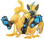  2023 4_fingers 4_toes absurd_res anthro balls biped black_body blue_body blue_eyes blue_pawpads claws digital_drawing_(artwork) digital_media_(artwork) feet felid feline fingers generation_7_pokemon genitals glistening haiae hi_res hindpaw legendary_pokemon liquid_latex long_tail male mammal multicolored_body nintendo nude pawpads paws penis pokemon pokemon_(species) rubber showing_paws simple_background smile solo spiral_tail tail toe_claws toes white_background yellow_body zeraora 