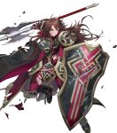  1girl alternate_costume arm_guards armor armored_boots armored_dress boots breastplate brown_eyes brown_hair cape dai-xt faulds feather_trim fingerless_gloves fire_emblem fire_emblem:_mystery_of_the_emblem fire_emblem_heroes gloves gold_trim high_heels highres leggings long_hair long_sleeves non-web_source official_alternate_costume official_art sheena_(fire_emblem) shoulder_armor solo standing transparent_background turtleneck 
