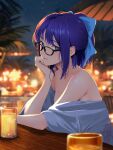  1girl a-chan_(hololive) absurdres backlighting bare_shoulders blue_eyes blue_hair blurry blurry_background bow cohi27151463 commentary_request cup depth_of_field drinking_glass elbows_on_table glasses hair_bow head_rest highres hololive looking_at_viewer looking_over_eyewear night off_shoulder outdoors short_hair sitting solo table 