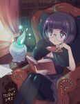  1girl black_pantyhose blunt_bangs bob_cut breasts cleavage fire ghost glasses holding holding_notebook holding_pen large_breasts litwick notebook on_chair pantyhose pen pokemon pokemon_(creature) pokemon_(game) pokemon_bw purple_eyes purple_hair purple_skirt round_eyewear shauntal_(pokemon) shiori_(xxxsi) sitting skirt sleeve_rolled_up 