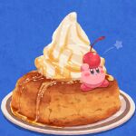  blue_eyes blush_stickers cherry danish_pastry food food_focus fruit highres holding holding_food holding_fruit kirby kirby_(series) komeda&#039;s_coffee miclot no_humans pink_footwear shiro-noir shoes whipped_cream 