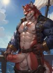  anthro bodily_fluids canid canine canis diederich_olsen_(knights_college) erection genitals hi_res humanoid_genitalia humanoid_penis leo_ai_art male mammal penis sea ship solo vehicle water watercraft wolf 