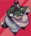  anthro artist_name beanie belly beverage big_breasts big_nipples bottomwear breasts clothing facial_piercing fangs female full-length_portrait fur green_eyes grin hair hat headgear headwear hi_res huge_breasts huge_nipples long_hair looking_at_viewer mammal milkshake morbidly_obese morbidly_obese_anthro morbidly_obese_female nipple_piercing nipples noctoon nose_piercing nose_ring obese obese_anthro obese_female overweight overweight_anthro overweight_female paige_(tuxstance) pants piercing portrait procyonid raccoon ring_piercing smile solo sweater teeth text topwear torn_clothing url 