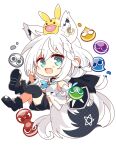  1girl 7:08 absurdres animal_ear_fluff animal_ears black_bow black_footwear black_shorts black_thighhighs blue_neckerchief blush bow braid carbuncle_(puyopuyo) chibi commentary_request detached_sleeves earrings extra_ears fang fox_ears fox_girl fox_shadow_puppet fox_tail green_eyes hair_between_eyes hair_bow highres hololive hood hoodie jewelry long_hair looking_at_viewer neckerchief open_mouth outstretched_arm puyo_(puyopuyo) puyopuyo_tetris shirakami_fubuki short_shorts shorts sidelocks simple_background single_braid single_thighhigh skin_fang tail thighhighs virtual_youtuber white_background white_hair white_hoodie 