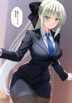  1girl alternate_costume black_ribbon black_skirt black_suit blue_eyes blue_necktie blush braid breasts brown_pantyhose closed_mouth collared_shirt commentary_request engo_(aquawatery) fate/grand_order fate_(series) french_braid grey_hair hair_ribbon highres large_breasts long_hair long_sleeves looking_at_viewer morgan_le_fay_(fate) necktie office_lady pantyhose ponytail ribbon shirt sidelocks skirt smile solo speech_bubble suit thighs translation_request very_long_hair white_shirt 