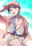 1girl bag black_hair blush breasts cleavage dytm from_above grey_eyes hat midriff open_mouth original short_hair solo sports_bra teeth 