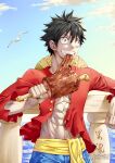  1boy absurdres animal artist_name bird biting black_hair boned_meat chinese_text cloud cloudy_sky eating food hat heiran_(artist) highres holding holding_food long_sleeves male_focus meat monkey_d._luffy ocean one_piece open_clothes outdoors red_shirt scar scar_on_cheek scar_on_chest scar_on_face shirt short_hair sky smile solo straw_hat teeth third-party_source unworn_hat unworn_headwear water 