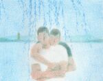  2boys absurdres bara caressing_hand couple crossed_arms faceless faceless_male head_on_another&#039;s_shoulder highres hug hug_from_behind male_focus multiple_boys ocean original painterly plant shirt short_hair t-shirt upper_body yaoi yuzhou_fei_gou 