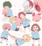  2girls 5boys :d :o akiyama_(noconoco) ashido_mina bakugou_katsuki black_sclera black_shorts black_skirt blonde_hair blue_eyes blue_footwear blue_shirt blush blush_stickers boku_no_hero_academia brown_eyes brown_hair clenched_teeth closed_eyes closed_mouth collared_shirt colored_sclera colored_skin commentary_request crossover eyelashes freckles green_eyes green_hair heterochromia highres horns inhaling kaminari_denki kindergarten_uniform kirby kirby_(series) kirishima_eijirou long_sleeves lying midoriya_izuku multicolored_hair multiple_boys multiple_girls multiple_views name_tag on_back on_side open_mouth parted_bangs pink_hair pink_skin pleated_skirt purple_eyes red_footwear red_hair school_uniform sharp_teeth shirt shoes short_hair shorts simple_background skirt sleeping smile socks spiked_hair split-color_hair star_(symbol) tears teeth todoroki_shouto tug_of_war two-tone_hair upper_teeth_only uraraka_ochako uwabaki v-shaped_eyebrows white_background white_hair white_socks yellow_eyes 