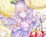  1girl bare_shoulders blue_eyes breasts cherry cleavage comiket_102 commentary_request dress food frilled_dress frills fruit grey_dress grey_hair hair_between_eyes hair_ornament hairclip hand_up holding holding_food holding_fruit lemon lemon_slice long_hair looking_at_viewer medium_breasts onineko original parted_lips solo strapless strapless_dress water_drop wrist_cuffs x_hair_ornament 