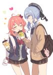  2girls ahoge bag bag_charm black_skirt blue_eyes blue_hair blue_nails blush bow bowtie brat_(brabrabrat00) brown_cardigan cardigan charm_(object) closed_eyes closed_mouth collared_shirt cup drinking drinking_straw drinking_straw_in_mouth grey_headwear hair_ornament hand_in_pocket heart highres holding holding_cup hololive hoshimachi_suisei long_hair long_sleeves looking_at_another medium_hair miniskirt multiple_girls pink_hair pink_nails plaid plaid_bow plaid_bowtie plaid_headwear plaid_skirt sakura_miko school_uniform shirt shoulder_bag simple_background skirt virtual_youtuber white_background white_shirt x_hair_ornament 