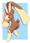  1girl animal_ears ass black_sclera blue_background blush body_fur border brown_fur closed_mouth colored_sclera commentary english_commentary from_behind full_body furry furry_female hand_up happy leg_up legs looking_at_viewer lopunny outside_border pointy_ears pokemon pokemon_(creature) rabbit_ears rabbit_girl rabbit_tail red_eyes simple_background smile solo standing standing_on_one_leg tail thighs two-tone_fur uno_usaya white_border yellow_fur 