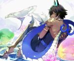  1boy arjuna_(fate) arjuna_alter_(fate) armlet armor back barefoot black_hair dark-skinned_male dark_skin fate/grand_order fate_(series) flower full_body highres horns indian_clothes knees_up light_particles looking_at_viewer looking_back lotus male_focus partially_submerged profile short_hair solo tail vega00211 water 