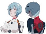  1girl ayanami_rei black_bodysuit blue_hair bodysuit breasts dual_persona hair_between_eyes hajikkoneko highres interface_headset medium_breasts neon_genesis_evangelion open_mouth pilot_suit plugsuit rebuild_of_evangelion red_eyes shadow short_hair simple_background variations white_background white_bodysuit 