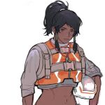  1girl backpack bag belt_buckle black_hair blue_shirt buckle character_request check_character closed_mouth commentary dark-skinned_female dark_skin english_commentary frown grey_eyes hair_tubes helmet high-visibility_vest holding holding_helmet kissingbrig long_hair long_sleeves navel orange_vest overwatch pharah_(overwatch) ponytail security_chief_pharah shirt sleeves_past_elbows solo stomach strap unworn_headwear upper_body vest white_background white_headwear 