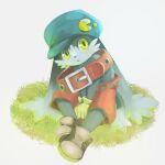  1boy animal_collar black_fur blue_headwear brown_footwear closed_mouth collar furry furry_male gloves grass highres kaze_no_klonoa klonoa red_shorts shorts sitting solo yellow_eyes yellow_gloves yonayon 