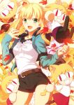  &lt;|&gt;_&lt;|&gt; 5girls :3 ahoge alternate_costume animal_ears artoria_pendragon_(fate) belt black_pantyhose black_shorts blonde_hair blue_jacket blue_ribbon braid cat_ears cat_tail fate/stay_night fate_(series) flower green_eyes hair_ribbon highres jacket leaf multiple_girls neco-arc neco_spirit open_mouth pantyhose purple_skirt ribbon saber shirt shirt_under_shirt short_hair shorts skirt tail takeuchi_takashi third-party_source tsukihime white_shirt yellow_background 