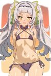  1girl absurdres alternate_costume arched_bangs arms_behind_back bikini blush breasts grey_hair highres hololive long_hair looking_at_viewer murasaki_shion navel open_mouth purple_bikini short_eyebrows small_breasts solo swimsuit tan twintails user_nnuc4252 virtual_youtuber yellow_eyes 