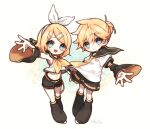  1boy 1girl arm_warmers black_shorts blonde_hair blue_eyes brother_and_sister chibi commentary kagamine_len kagamine_rin leg_warmers looking_at_viewer nihellie ribbon school_uniform short_hair shorts siblings simple_background vocaloid white_background white_ribbon 