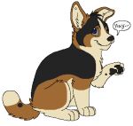  2013 aliasing alpha_channel ambiguous_gender awkward black_body black_fur black_nose black_pawpads blue_(bluekyokitty) blue_eyes bluekyokitty brown_body brown_fur canid canine canis dialogue digital_drawing_(artwork) digital_media_(artwork) digitigrade domestic_dog feral flat_colors full-length_portrait fur greeting grey_sclera herding_dog low_res mammal pastoral_dog pawpads paws portrait raised_paw sebdoggo simple_background sitting solo speech_bubble tail tan_body tan_fur tan_inner_ear transparent_background welsh_corgi 