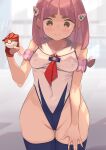  1girl arched_bangs bare_shoulders blue_thighhighs blush closed_mouth commentary_request gloves groin hair_ornament hairclip highleg highleg_leotard highres holding holding_poke_ball lacey_(pokemon) leotard medium_hair neckerchief orange_eyes pink_hair poke_ball poke_ball_(basic) pokemon pokemon_(game) pokemon_sv red_gloves red_neckerchief single_glove solo spring2013 sweatdrop thigh_gap thighhighs 