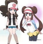  2girls :d arm_support baseball_cap black_vest blue_eyes bow breasts bright_pupils brown_hair commentary denim denim_shorts double_bun doughnut_hair_bun eyelashes hair_bun hat high_ponytail hilda_(pokemon) invisible_chair jiffy0v0 knees_together_feet_apart long_hair looking_at_viewer multiple_girls open_mouth pantyhose_under_shorts pink_bow pokemon pokemon_(game) pokemon_bw pokemon_bw2 raglan_sleeves rosa_(pokemon) shirt short_shorts shorts sidelocks sitting sleeveless sleeveless_shirt sleeves_past_elbows smile tongue tongue_out twintails vest visor_cap white_background white_pupils white_shirt wristband yellow_shorts 