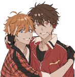  2boys akehoshi_subaru black_gloves blue_eyes brown_hair ensemble_stars! fingerless_gloves gloves hair_between_eyes hand_up headset highres jacket long_sleeves looking_at_viewer male_focus morisawa_chiaki multiple_boys naihowda orange_eyes red_eyes short_hair simple_background smile teeth upper_body v white_background zipper_pull_tab 