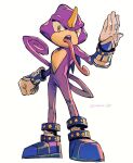  1boy clenched_hand espio_the_chameleon gloves hashi84e horns looking_at_viewer open_mouth shoes simple_background single_horn solo sonic_(series) tongue tongue_out white_background white_gloves 