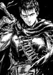  1boy absurdres armor bandaged_arm bandages berserk cape greyscale guts_(berserk) highres holding holding_weapon looking_at_viewer male_focus monochrome one_eye_closed simple_background solo suechimu sword upper_body weapon 