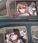  2girls ahoge black_hair brown_eyes brown_hair car dakimakura_(object) driving earrings grey_hair highres hololive hololive_english jewelry long_hair m_r_b meme motor_vehicle multicolored_hair multiple_girls nanashi_mumei parody pillow scene_reference shiori_novella split-color_hair the_umbrella_academy virtual_youtuber yellow_eyes 