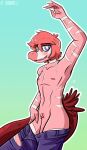  anthro blush bottomwear clothed clothing dinosaur dromaeosaurid feathered_tail feathers genitals goodbye_volcano_high hair hi_res long_snout looking_at_viewer male markings multicolored_body pants penis pink_body pink_hair pubes purple_eyes reed_(gvh) reptile scalie seven_(artist) simple_background snoot_game_(fan_game) snout solo tail theropod topless torn_bottomwear torn_clothing torn_pants two_tone_body undressing velociraptor 