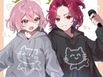  1boy 1girl araki_(utaite) black_hoodie forehead grey_hoodie holding holding_microphone hood hoodie intkrgr_anm long_sleeves microphone niconico nqrse open_mouth pink_eyes pink_hair red_eyes red_hair short_hair smile teeth utaite 