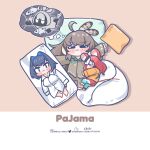  2girls :3 blush_stickers brown_hair chibi commentary dakimakura_(object) dreaming english_commentary english_text hakos_baelz highres hololive hololive_english imagining instagram_username monja_(monja0521) multicolored_hair multiple_girls mumei_(song)_(hololive) nanashi_mumei ouro_kronii pillow pixiv_username red_hair signature sleeping streaked_hair thought_bubble twitter_username virtual_youtuber 