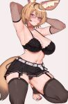  1girl absurdres ahoge animal_ear_fluff animal_ears armpits arms_behind_head black_bra black_panties black_skirt black_thighhighs blonde_hair bra breasts closed_mouth collar earrings extra_ears facial_mark feet fishnet_sleeves fox_ears fox_tail garter_straps glasses highres hololive jewelry large_breasts looking_at_viewer multicolored_hair nail_polish navel no_shoes omaru_polka panties purple_eyes red_collar short_hair simple_background skirt smile solo squatting stirrup_legwear streaked_hair tail thighhighs toeless_legwear toenail_polish toenails toes underwear varniskarnis virtual_youtuber 