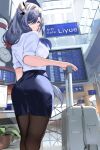  1girl airport alternate_costume ass black_pantyhose blue_eyes blue_headwear blue_skirt breasts commentary_request english_text from_behind genshin_impact grey_hair hair_ornament hair_over_one_eye hat highres large_breasts long_hair looking_at_viewer looking_back pantyhose parted_lips shenhe_(genshin_impact) shiben_(ugvu5784) shirt shirt_tucked_in short_sleeves skirt smile suitcase thighs travel_attendant white_shirt 