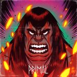  1boy angry black_hair blood blood_on_body blood_on_face caveman close-up copyright_name embers feet_out_of_frame genndy_tartakovsky&#039;s_primal highres human_defect long_hair looking_at_viewer open_mouth spear_(primal) teeth title title_page topless_male 