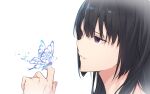  1girl bang_dream! black_hair blunt_bangs bug butterfly butterfly_on_hand close-up fingernails flower from_side highres looking_at_animal parted_lips purple_eyes rose shirokane_rinko simple_background solo sou_(user_hgyh8775) sparkle white_background 