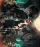  1girl 2boys black_hair brown_eyes brown_hair dominator_(gun) formal full_moon grey_hair gun highres holding holding_gun holding_weapon kougami_shin&#039;ya long_sleeves looking_at_viewer makishima_shougo moon multiple_boys mura_karuki pencil_skirt psycho-pass short_hair skirt skirt_suit spiked_hair suit tsunemori_akane weapon 