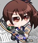  1girl blue_hakama brown_eyes brown_hair character_name chibi flight_deck gloves hakama hakama_short_skirt hakama_skirt highres japanese_clothes kaga_(kancolle) kantai_collection kuroneko_(kuroneko_works) muneate partially_fingerless_gloves rigging short_sidetail side_ponytail single_glove skirt solo tasuki yugake yumi_(bow) 