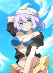  1girl arm_behind_back bikini blue_bikini blue_sky cato_(monocatienus) closed_mouth cloud commentary_request cowboy_shot letty_whiterock light_purple_hair navel outdoors partially_unzipped skirt sky smile solo swimsuit touhou white_headwear yellow_skirt 
