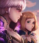  1boy 1girl absurdres aura blue_eyes blush cloud cloudy_sky collarbone commentary dark_aura english_commentary evening evomanaphy fire_emblem fire_emblem_awakening fire_emblem_heroes freckles from_side grima_(fire_emblem) highres kiran_(female)_(fire_emblem) kiran_(fire_emblem) light_brown_hair looking_at_pectorals meme parted_bangs pectoral_envy_(meme) pectorals profile red_eyes robin_(fire_emblem) robin_(male)_(fire_emblem) short_hair sky upper_body white_hair 