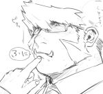  1boy bara blush close-up greyscale hand_on_another&#039;s_mouth kekkai_sensen klaus_von_reinhertz long_sideburns male_focus mature_male monochrome nore_(boosuke) pointing pointing_at_another portrait short_hair sideburns solo_focus translation_request tusks 